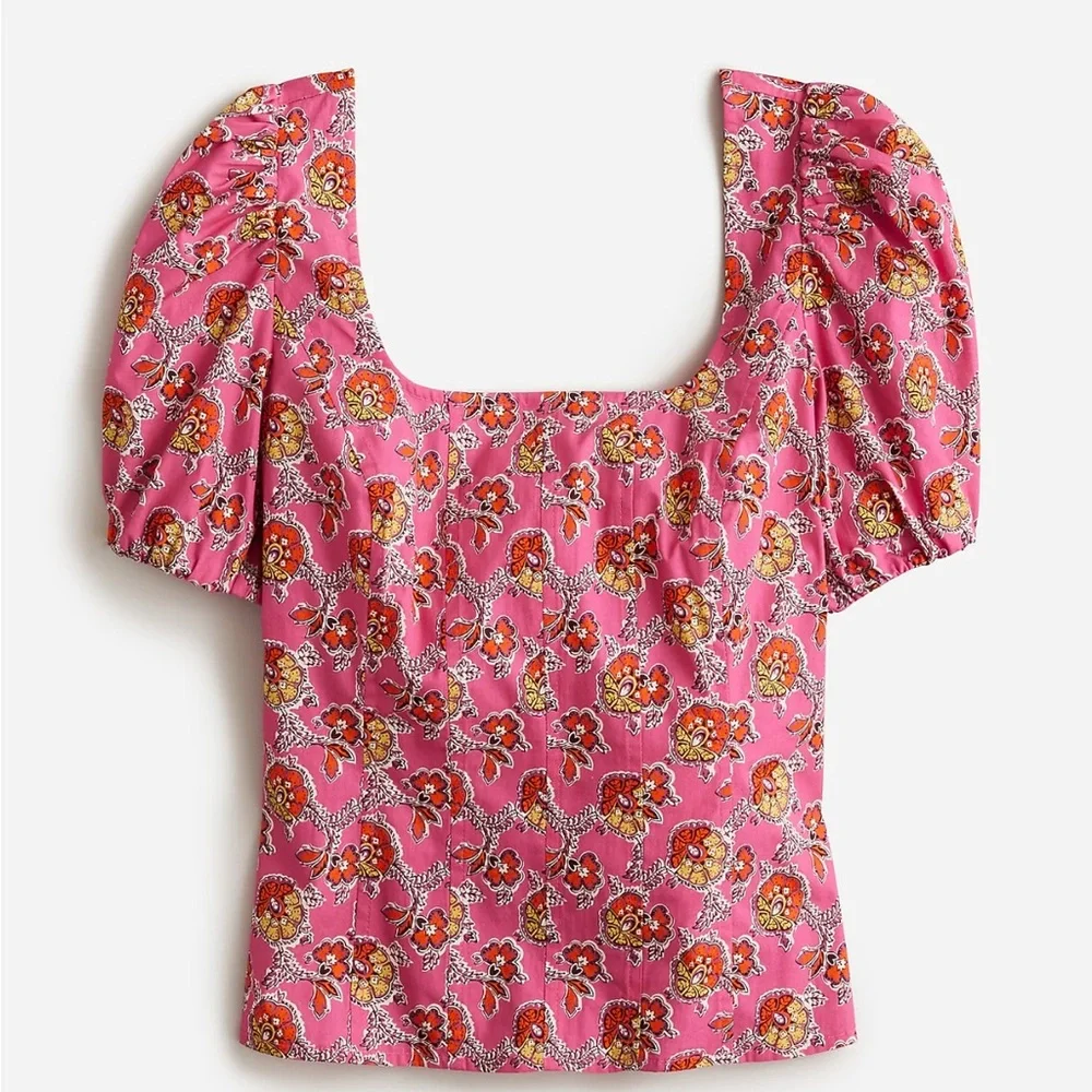 J. Crew Puff-sleeve squareneck top in Ratti® pink blooms print - Size 4